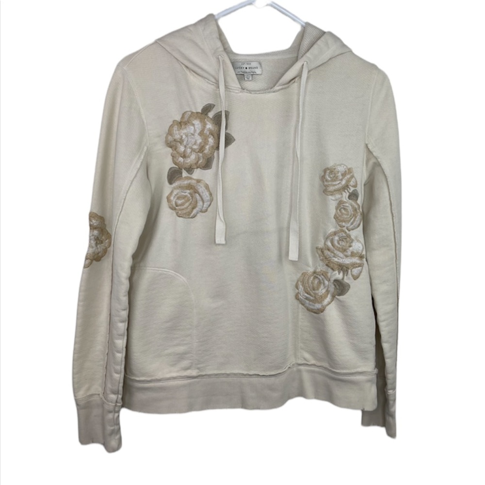 Lucky Brand Cream White Floral Embroidery Hoodie Sweatshirt Women’s Size S. E